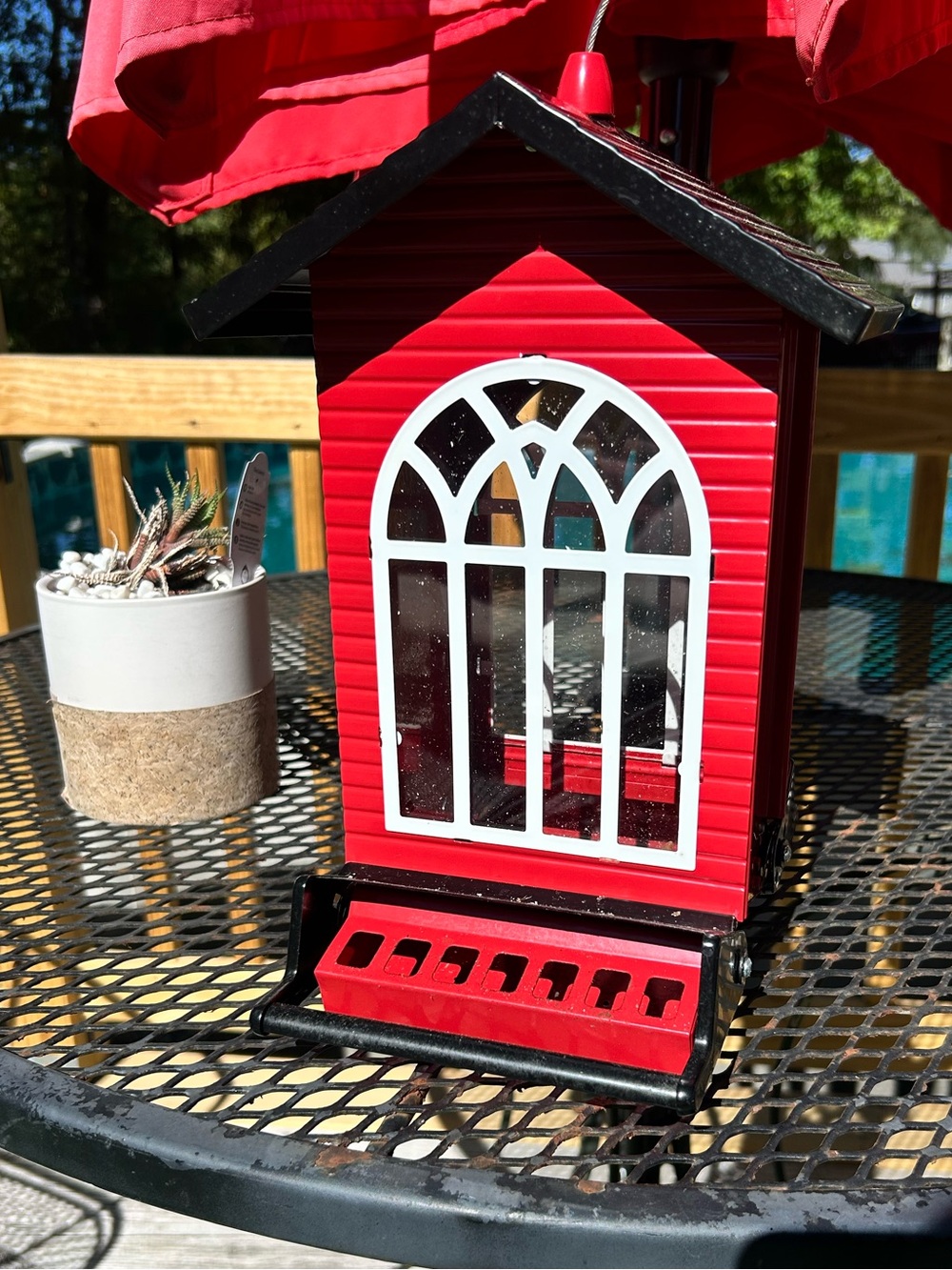 Red Decorative Bird Feeder with White Window Detail